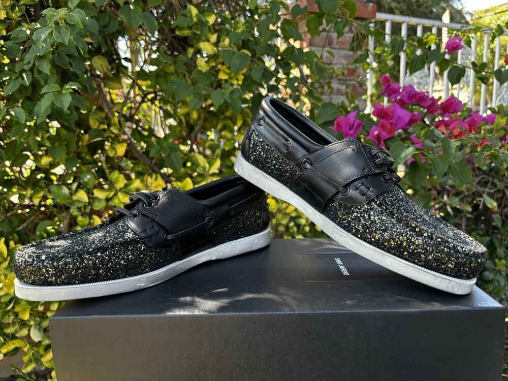 Saint Laurent Phoenix Leather Glitter Deck Boat Shoes Black Sz 42 9